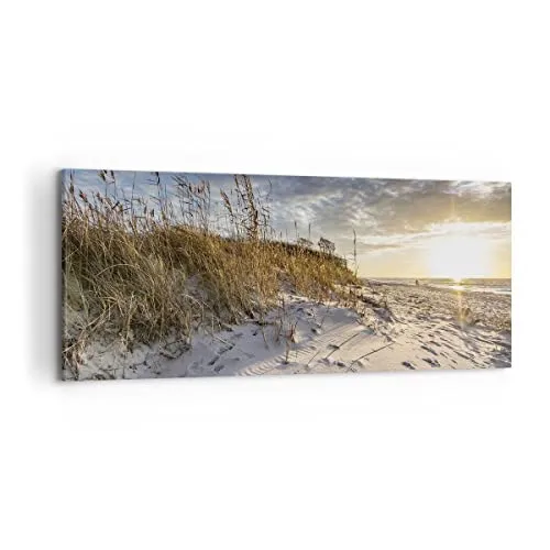 Wandbilder Dekoration Wohnzimmer Sand Gras Meer Panorama Bilder auf Leinwand 120x50cm Leinwandbild mit Rahmen Schlafzimmer Küche Wand Kunstdruck Art Groß Wanddeko Bild Wall Decor Canvas AB120x50-4781
