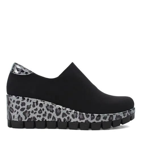 Damen Slip On Plateau Sneaker mit Keilabsatz – Elegante Damenschuhe für Frühling & Sommer , leichte Freizeitschuhe mit Absatz , atmungsaktive Keilsneaker & Wedges, in Schwarz mit grauem Leo Muster