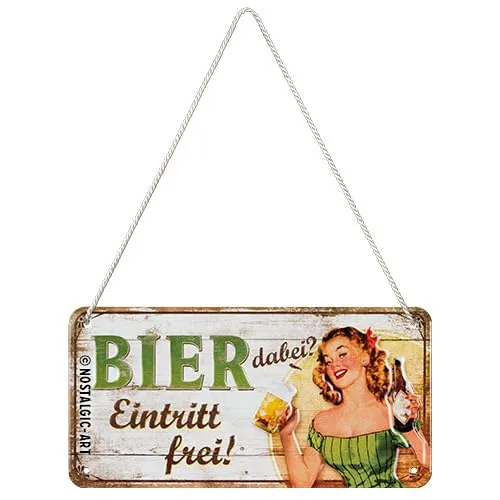 Nostalgic-Art Retro Hängeschild, 10 x 20 cm, Bier dabei – Eintritt frei – Geschenk-Idee als Bar-Zubehör, aus Metall, Vintage Design mit Spruch, Blechschilder Sprüche, Bier-Deko