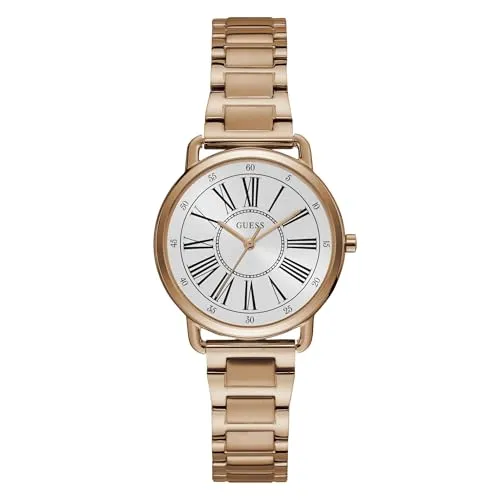 Guess Damen Armbanduhr Jackie 34 mm - Elegante Armbanduhr in Roségold mit großer römischer Ziffernanzeige, wasserdicht bis 3 ATM – ideal für stilbewusste Damen.
