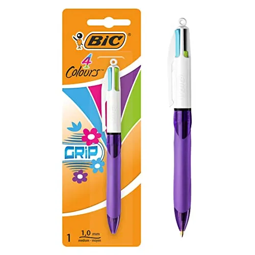 BIC 4 Farben Kugelschreiber Set 4 Colours Grip Pro Fun, mit gummierter Griff-Fläche, 1er Pack, Ideal für das Büro, das Home Office oder die Schule