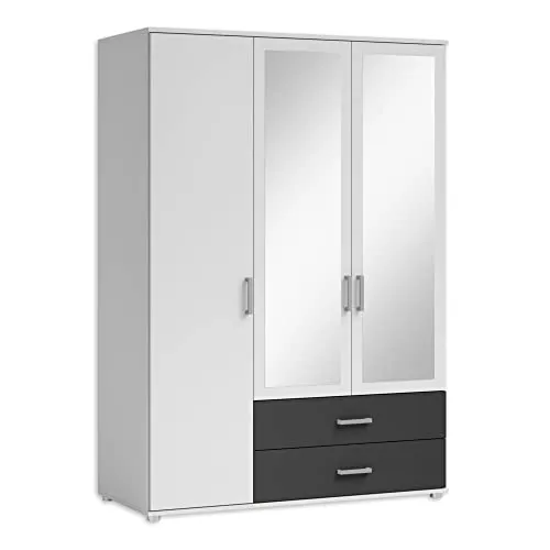 IVAR Kleiderschrank mit Spiegeln und Schubladen - 3-türig in Weiß und Graphit - Kleiderschränke, moderner Drehtürenschrank mit viel Stauraum, ideal für minimalistisches Wohnen und einfache Montage.