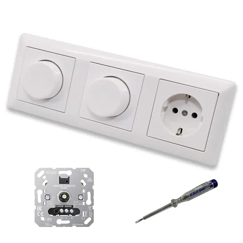EBROM SET IDEE: JUNG 1730DD (2 x) LED Drehdimmer Dimmer + Dimmerscheibe A1740WW und Steckdose A1520WW in alpinweiß glänzend inklusive EBROM Phasenprüfer zur Montage der Geräte u.A. 1730 DD