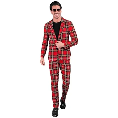 W WIDMANN MILANO Party Anzug Herren - 80er Jahre Set mit Jackett und Hose - Set aus Jackett und Hose in Größe XL, ideal für Karneval und Festivals. Das auffällige Rot mit Tartan-Muster sorgt für einen stilvollen Auftritt und zieht die Blicke auf sich.
