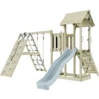OutdoorToys Spielturm - Schaukel für Kinder ab 3 Jahren, aus robustem Holz in Eisblau, ideal für den Garten und fördert die motorischen Fähigkeiten.