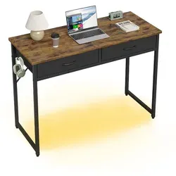 Zoll Gaming Tisch mit LED-Beleuchtung, Höhenverstellbarer Computertisch&Schminktisch, Platzsparend mit 2 Stoffschubladen & Haken, Für kleine R... - Braun 41