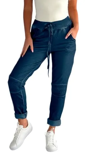 Mississhop 223 Damen Hose Freizeithose Stoffhose Boyfriend Sweatpants im Biker Look mit Bahnendesign am Knie Tunnelzug One Size S M L 36 38 40 Blau