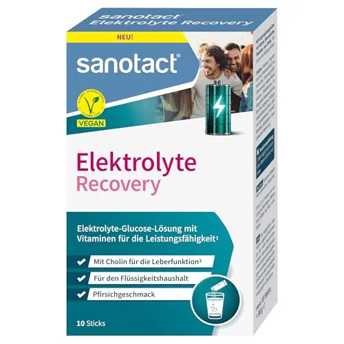 sanotact® Elektrolyte Recovery – Elektrolyt Pulver für Hydration & Energie - Schnelle Elektrolyt-Versorgung für Flüssigkeitshaushalt nach Partys oder Sport. Leckerer Pfirsichgeschmack, vegan und ideal für unterwegs – perfekt für aktive Menschen!