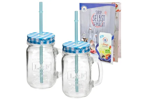 HIT Trading Glas 2er Set Glasbecher 0,5L mit Henkel, Deckel und Trinkhalm blau kariert, Glas