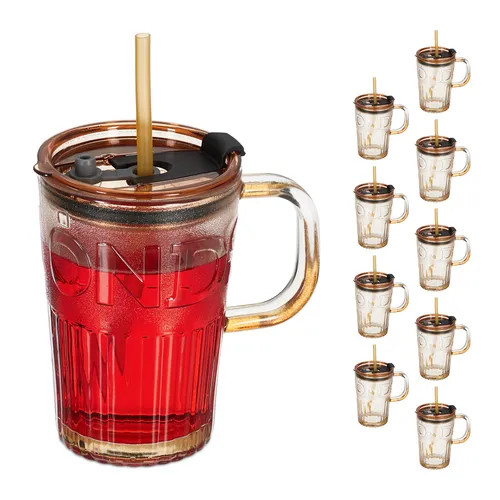 relaxdays Gläser-Set Trinkgläser 10er Set mit Henkel - Praktisches 10er Set Trinkgläser mit abnehmbaren Deckeln und Strohhalmen, ideal für Heiß- und Kaltgetränke bei Gartenpartys oder Picknicks. Spülmaschinenfest für einfache Reinigung.