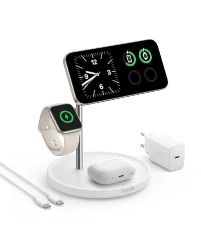 Anker MagGo 3-in-1 Kabellose Ladestation - 15W Superschnelles Laden, Qi2-zertifiziert und MagSafe-kompatibel für iPhone 16, 15, 14, 13 Serie, ideal für gleichzeitiges Laden von iPhone, Apple Watch und AirPods