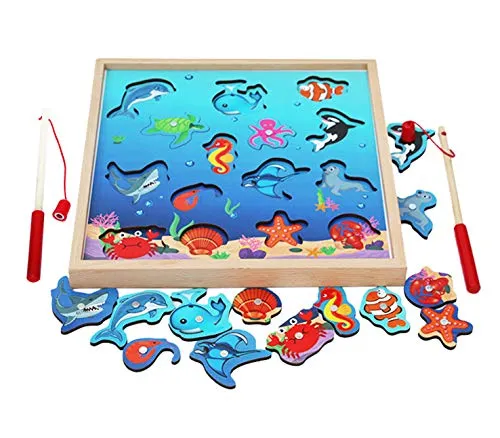 Toys of Wood Oxford magnetisches Angelspiel aus Holz - 15 Magnet-Fische und 2 Angel-Ruten - Spielzeug Angeln Motorikspielzeug Lernspielzeug für Kinder ab 3 Jahre