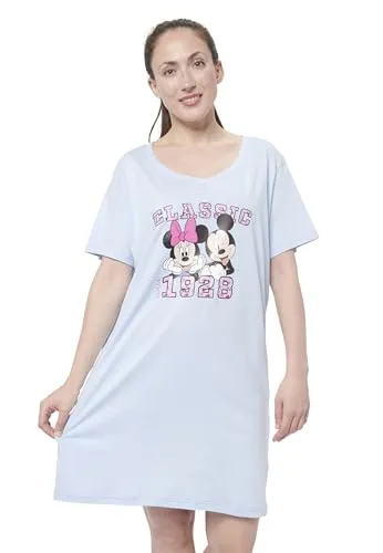 Disney Minnie Mouse Nachthemd für Damen - Schlafshirt Pyjama Kurzarm Oberteil Blau (Blau, M)