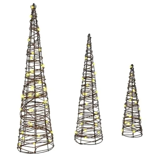 vidaXL Weihnachtsbaum 3 pcs Warmweiß 20 x 20 x 80 cm Rattan, Moderne, langlebige LED-Dekoration, Weihnachtsdeko, saisonale Beleuchtung, USB-Anschluss, festlich, für drinnen