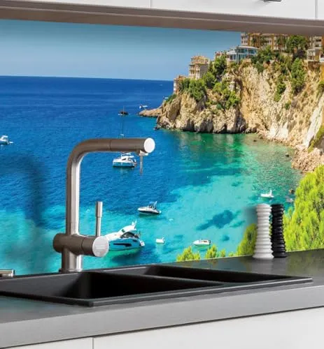 MyMaxxi Küchenrückwand Folie selbstklebend matt Versteift - einfache Montage ohne Bohren - Motiv Landschaft 05-60cm hoch - Spritzschutz Küche Klebefolie - Meer Klippe Bucht 280 x 60 cm