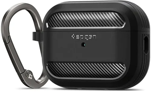 Spigen Rugged Armor für AirPods Pro 2 - Schwarz - Audio-Zubehör mit rutschfestem Grip, schlankem Design und inklusive Karabiner für einfache Tragbarkeit. Kabelloses Laden kompatibel.