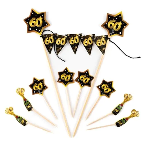 Geburtstag Deko Tortendeko schwarz / gold - Originelle Geburtstagsdeko 60 für einen gelungenen 60 Geburtstag Frau oder Mann - Tiwoca 60