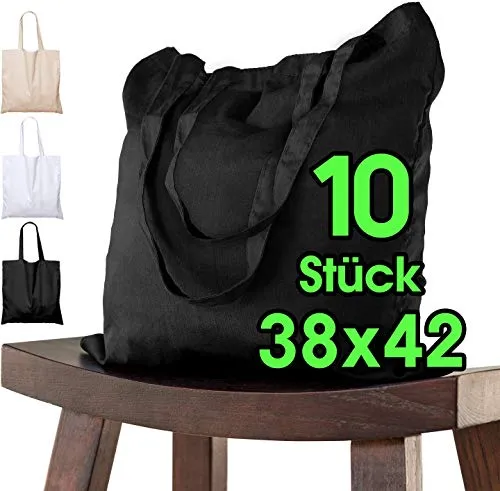 Baumwolltasche 38x42 cm 10 Stück unbedruckt, lange Henkel Stofftasche Tragetasche, Beutel, Baumwollbeutel, Jutebeutel OEKO-TEX® zertifiziert Stoffbeutel Einkaufsbeutel Einkaufstasche bemalen schwarz