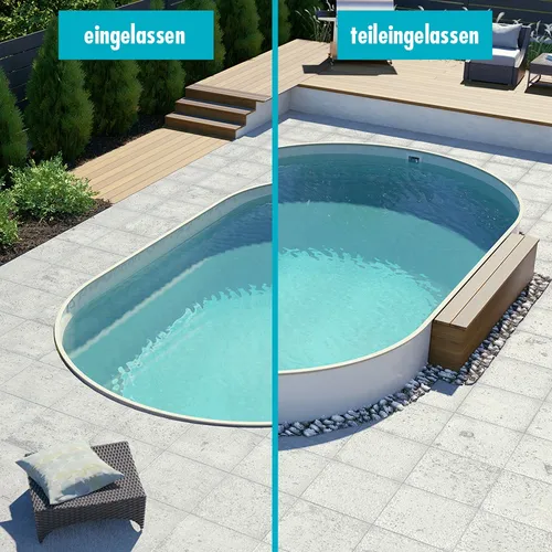 Ovalbecken Pool 4,00 x 8,00 x 1,20 m - Sandfarben mit verstärkter Folie - Stahlwandbecken in ovaler Form, ideal für Familien und Gartenpartys. Mit 0,8 mm PVC-Folie und robustem Stahlrahmen für hohe Langlebigkeit.