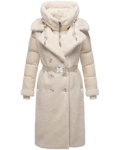 Navahoo Damen Wintermantel mit Materialmix und Kapuze - Stylisher Wintermantel aus kuscheligem Teddy-Kunstfell und glänzenden Stepp-Elementen. Mit abnehmbarem Kapuzeneinsatz und tailliertem Schnitt für optimalen Tragekomfort und feminine Silhouette.