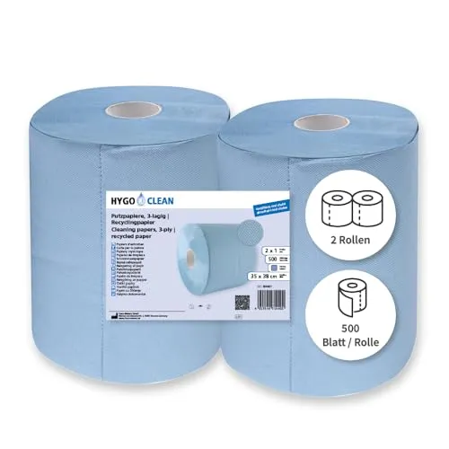 Franz Mensch HygoClean Putzpapiere, 3-lagig, blau - Klemmen: Nachhaltige 3-lagige Putzpapiere aus Recyclingpapier für effektive Reinigung von Schmutz, Öl und Flüssigkeiten – ideal für Industrie und Werkstätten.