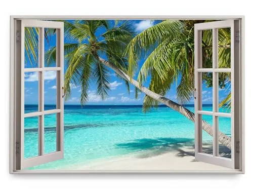 Paul Sinus Wandbild 120x80cm Fensterbild Traumstrand Sommer Meer Türkis Palmen Südsee