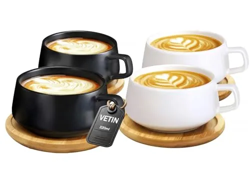 VETIN 4 Stücke Cappuccino Tassen mit Unterteller, Tasse Marmor, 300 ml Espressotassen aus Porzellan für Tee Kaffee Cappuccino, Kaffee-Tassen mit Holzscheibe (Schwarz*2+Weiß*2)