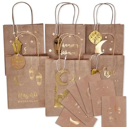 Papierdrachen 6 braune Henkeltüten zu Ramadan - wunderschön und hochwertig gold bedruckt - ideal zum Verpacken von Geschenken - mit Anhängern und Postkarten - Set 1