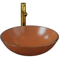 vidaXL Badezimmer Waschbecken mit Wasserhahn und Ablaufgarnitur Braun - Elegantes Waschbecken aus gehärtetem Glas, hitzebeständig und mit einem praktischen Pop-up Ablaufventil. Ideal für stilvolle Badezimmergestaltungen.