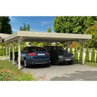 Skan Holz Flachdach-Doppelcarport Spessart 611 cm x 846 cm - Robuster Carport aus imprägniertem Leimholz mit stabilen 12 cm x 12 cm Pfosten, ideal für zwei Fahrzeuge. Hohe Schneelast von 125 kg/m² und langlebige Aluminium-Dachplatten sorgen für optimalen Schutz.