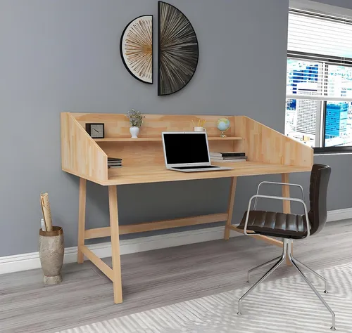 Stilvoller Hellbrauner Designer Schreibtisch aus Holz - Moderner Computertisch mit Schubladen, ideal für Arbeitszimmer und Wohnzimmer. Maße: 120 x 60 x 75 cm, gefertigt aus hochwertigem Holzwerkstoff, bietet praktischen Stauraum und elegantes Design.