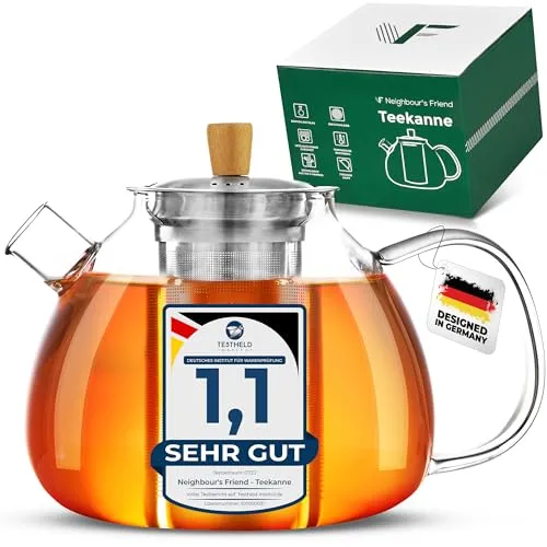 Neighbour's Friend® 1,5 l Teekanne mit Siebeinsatz - Groß, Tropffrei - 3-teiliges Edestahl-Sieb mit Bambusdeckelgriff - Spülmaschinengeeignete Glas Teekanne