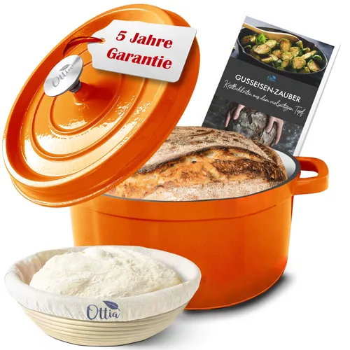 Ottia Gusseisen Topf Emaille 26cm – Vielseitiger Bräter - Pfannen mit 5 Litern Volumen, ideal für Induktion und alle Herdarten. Inklusive e-Rezeptbuch und Rattan-Gärkorb für perfektes Brotbacken!