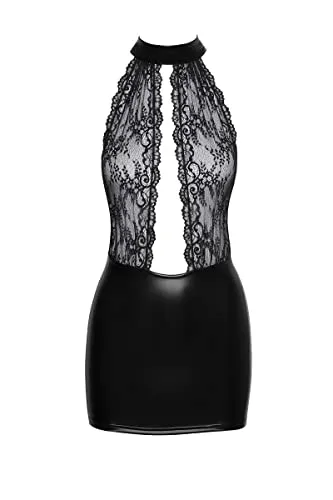 Noir Handmade Damen Kleid-27185291041 - Elegantes schwarzes Kleid L EU - Kurzes Kleid aus Powerwetlook und Spitze mit tiefem Ausschnitt, ideal für besondere Anlässe. In Hochglanzbox verpackt und aus schnell trocknendem Material gefertigt.