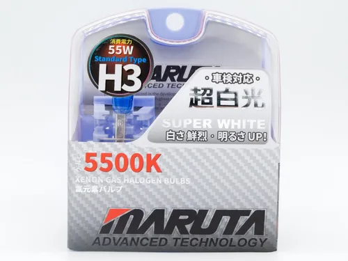MARUTA SUPER WHITE H3 55W Halogenlampe - Autobeleuchtung mit super weißem Licht (5500K) für optimale Sicht und Xenon-Optik, langlebig und einfach auszutauschen – ideal für Nebelscheinwerfer und Tagfahrlicht.