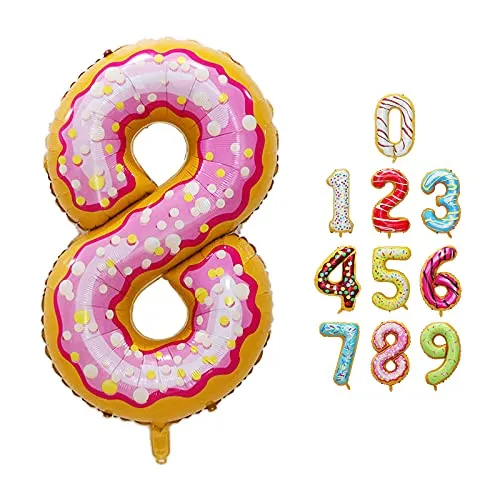 Luftballon Zahlen 8 Happy Birthday Party Deko, mit Donut Eis Motiv, Schweben mit Helium für Geburstagdeko Jubiläum, 40 Zoll 100cm aus Folie, Vivi Idee
