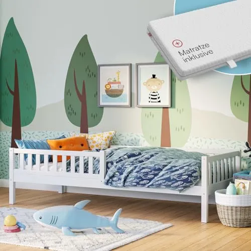 Bellabino Vils Kinderbett 90x200 cm – Kleinkindbett mit Matratze, Rausfallschutz & Lattenrost – Montessori Kinder Bett aus Kiefer Massivholz – in Weiß für Jungen & Mädchen