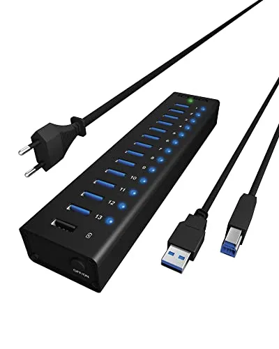 ICY BOX IB-AC6113 - 13-fach USB 3.0 Hub mit 12 V 5 A Stromadapter, robustes Aluminiumgehäuse und praktische USB-Ladefunktion
