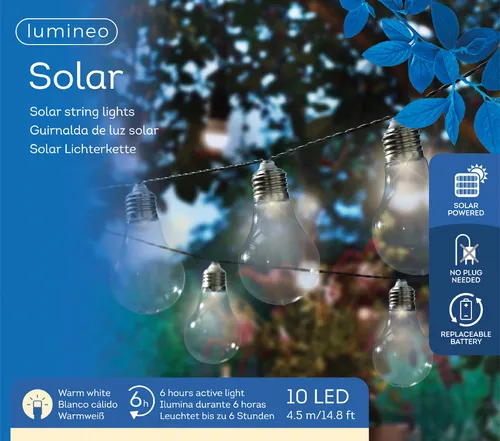 LED Solar Lichterkette Glühbirnen Kunststoff Dauerlicht 4,5m Warmweiß