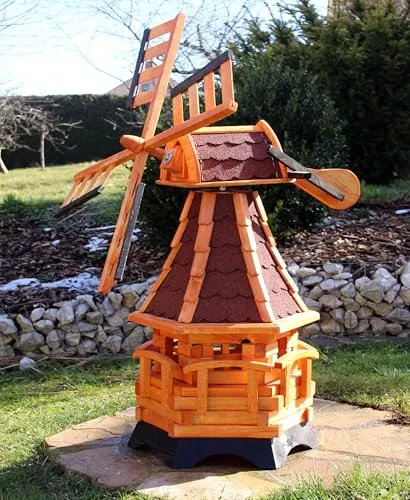 Wetterfeste Windmühle 1,00 m aus Holz mit Solar Typ 19 (rot)