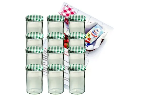 MamboCat Einmachglas 12er Set Sturzglas 435 ml Marmeladenglas To 82 grün karierter Deckel, Glas