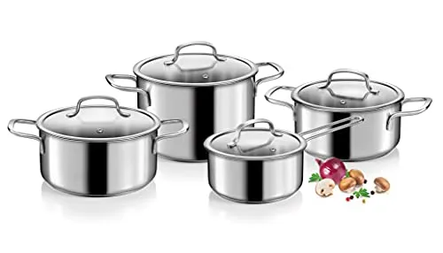 Tescoma Topfset OPTIMA, 8-teilig - Hochwertiges Topfset aus rostfreiem Edelstahl, ideal für alle Herdarten inklusive Induktion. Mit modernen Glasdeckeln und komfortablen Griffen für ein einfaches Kochen.