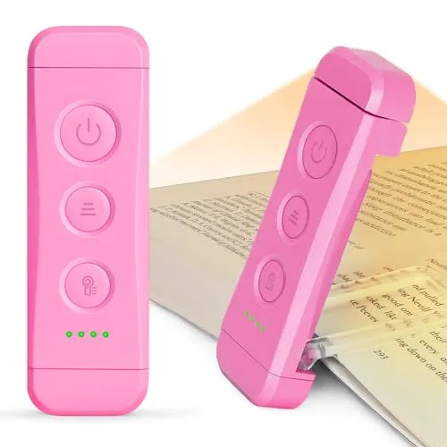 Glocusent Leselampe Buch Klemme, Augenschonende Leselampe mit 3 Farben & 5 Helligkeiten, 80 Stunden Dauer Wiederaufladbare Leselicht (Rosa)