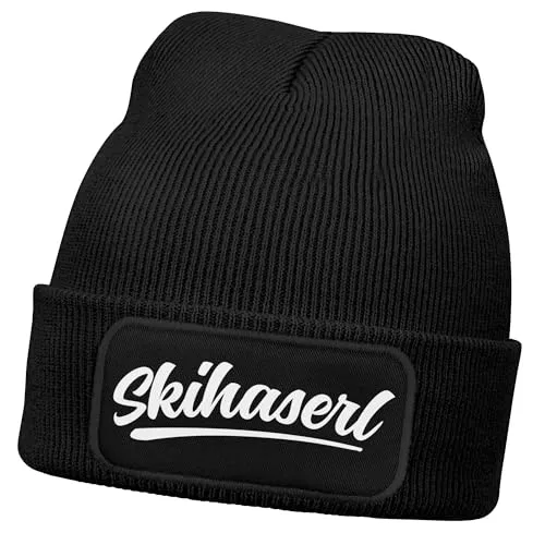 MoonWorks® Damen Beanie mit Patch Skifahren Strickmütze mit Spruch Aufdruck Skihaserl Damenmütze Schwarz Unisize