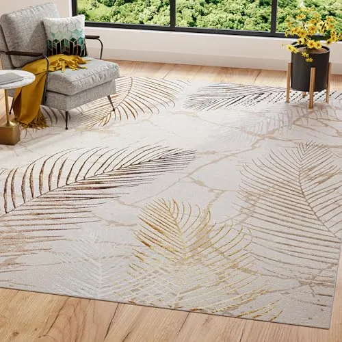 TAPISO Golden Teppich Wohnzimmer Kurzflor Schlafzimmer Luxuriös Creme Gold Braun Blätter Meliert Verwischt Modern Design ÖKOTEX 200 x 200 cm