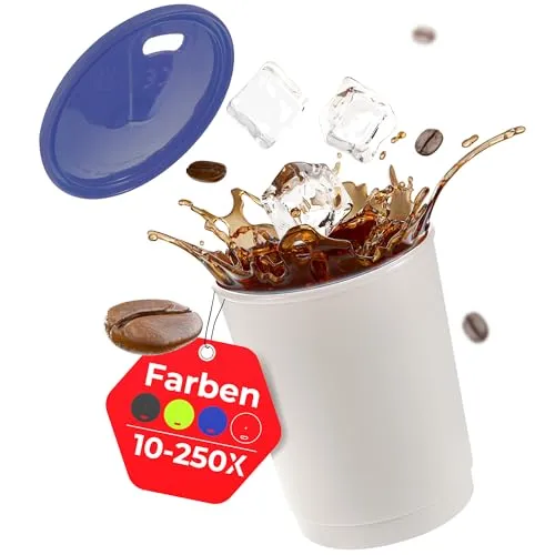 achilles Kaffeebecher mit Deckel, Kunststoffbecher, Mehrwegbecher, Trinkbecher, LFGB geprüft, spülmaschinenfest, stapelbar, 330 ml, Becher grau, Deckel blau, 10 Stk.