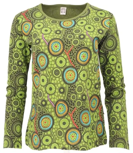 GURU SHOP Besticktes Langarmshirt Hippie Chic Retro - Grün, Damen, Size:S