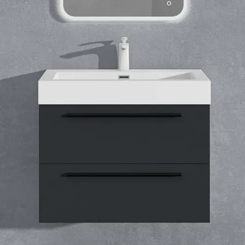 doporro Badmöbel-Set mit Soft-Close, Waschplatz komplett in Matt Anthrazit - Komplett-Set für Badezimmer mit wandhängendem Unterschrank und hochwertigem Mineralguss-Waschbecken. Soft-Close Schubladen bieten viel Stauraum und eine feuchtigkeitsbeständige Oberfläche.