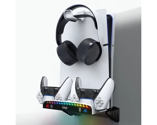 feinlux CT1248 Controller für PS5 - Wandhalterung mit integrierter Ladestation für PS5 Slim. Praktisches Design zur Aufbewahrung von Konsole und Zubehör, inklusive RGB-Beleuchtung und 3 USB-Ports für optimales Gaming-Erlebnis.