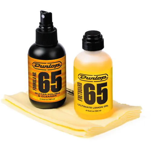 Dunlop System 65 Body & Fingerboard Cleaning Kit - Zubehör für Gitarre & Bass, umfassendes Pflegeset mit Lemon Oil und Polish für optimale Pflege von Griffbrettern und Hochglanzlacken, inklusive zwei Mikrofasertüchern.